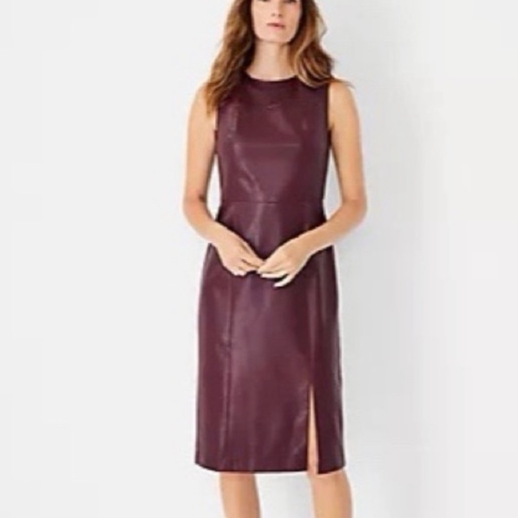 ANN TAYLOR Seamed Faux Leather Sheath Dress In Mauve Rose Burgundy - Picture 1 of 5